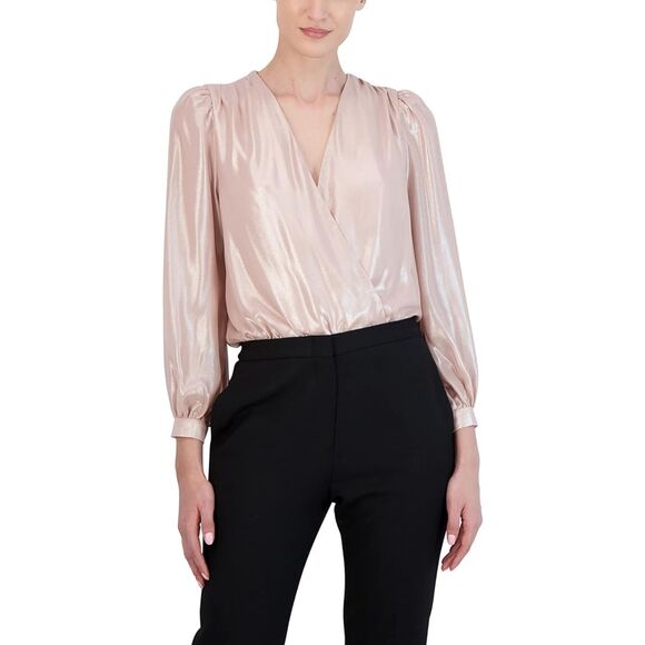 NWT BCBGMaxAzria Rose Pink Shimmer Metallic Surplice Long Sleeve Bodysuit Size L - Picture 13 of 13